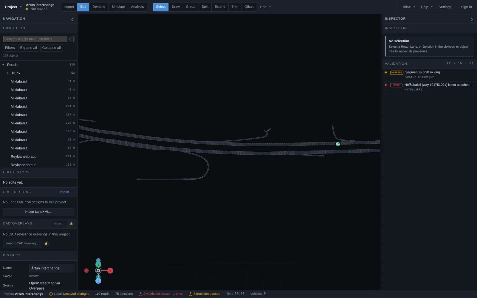 Edit mode overview with the object tree, edit history and validation panels around the 3D network