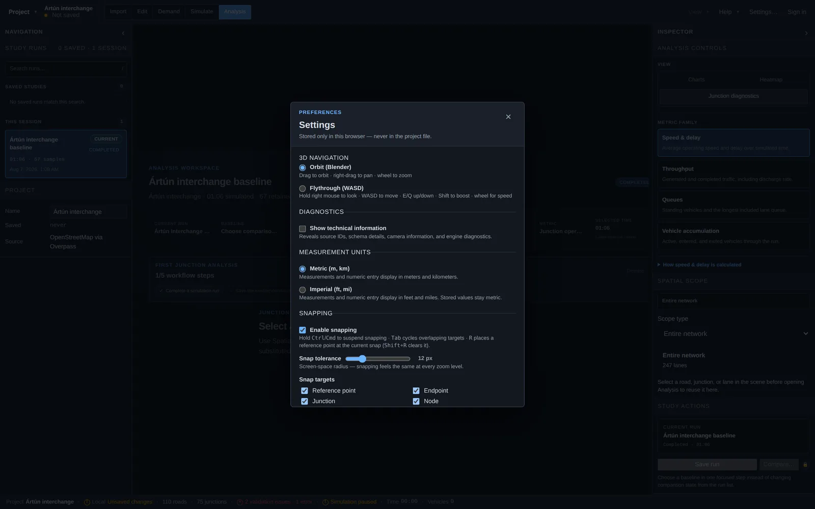 The settings dialog with navigation scheme, units, diagnostics and snapping preferences