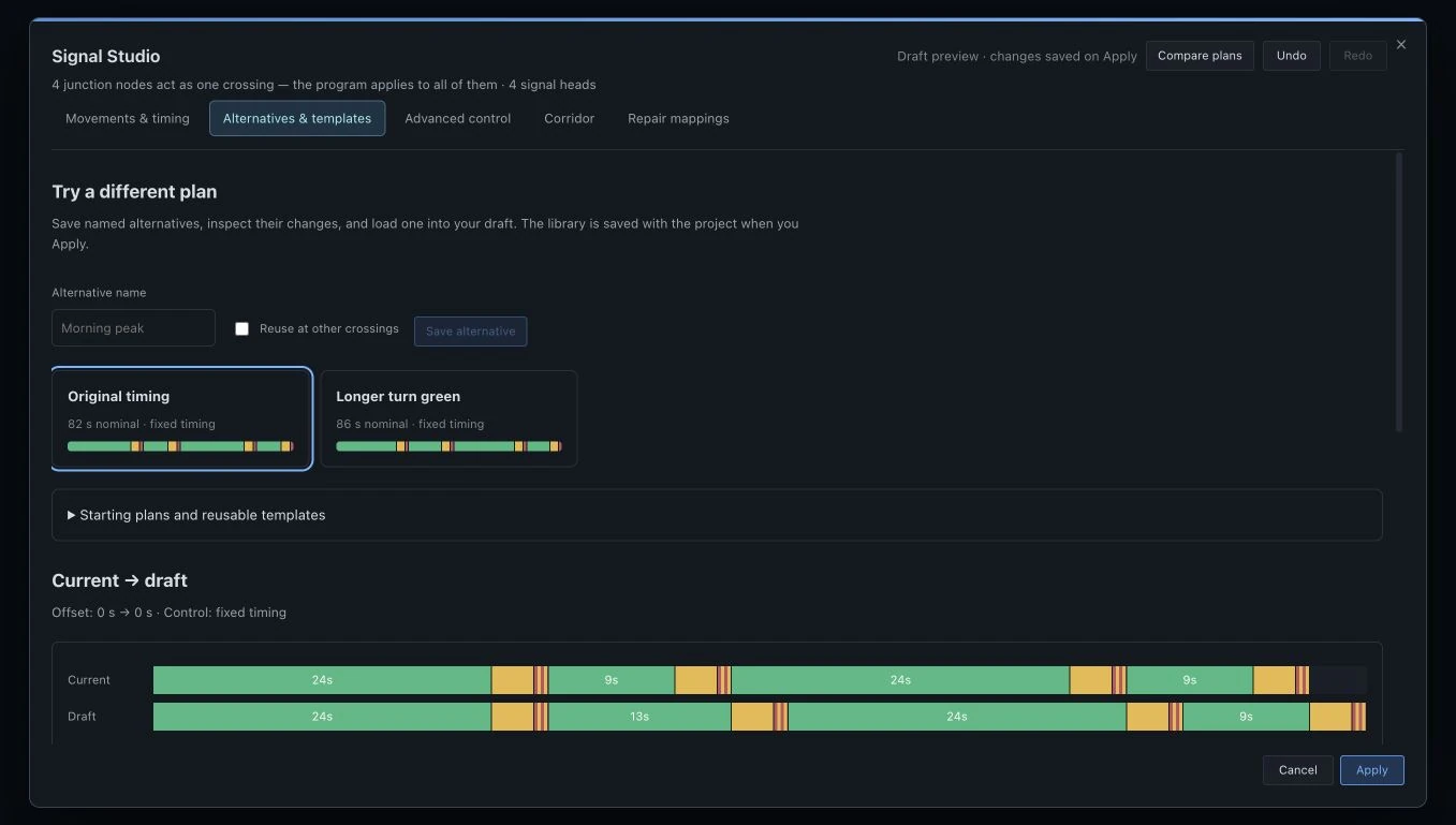 Original timing and Longer turn green saved alternatives, with timing bars comparing the 82-second current plan to an 86-second draft